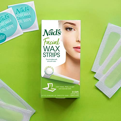 Nad's Facial Wax Strips - Hypoallergenic for All Skin Types - 25 Count Waxing Kit with 4 Calming Oil Wipes - Green