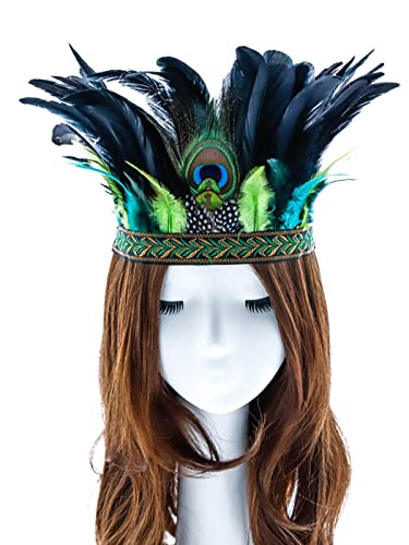 Aukmla Peacock Feather Fascinator Decorative Feather Headpiece Crown Headdress Costume Headband For Party (Green)