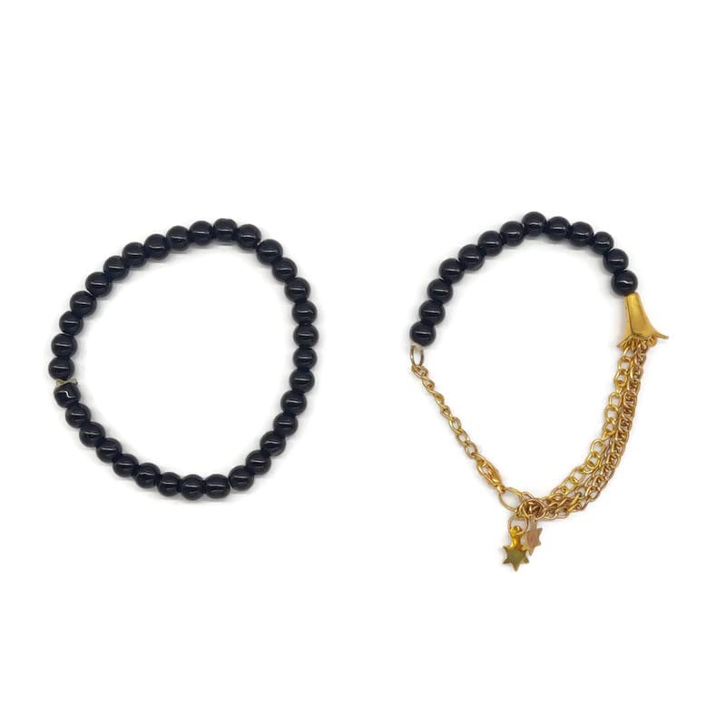 Bracelets Combo Of Black & Golden Beaded Bracelet | Wrist Bands With Glass Beads And Metal Chains For Women/Girls Gifted To Frie