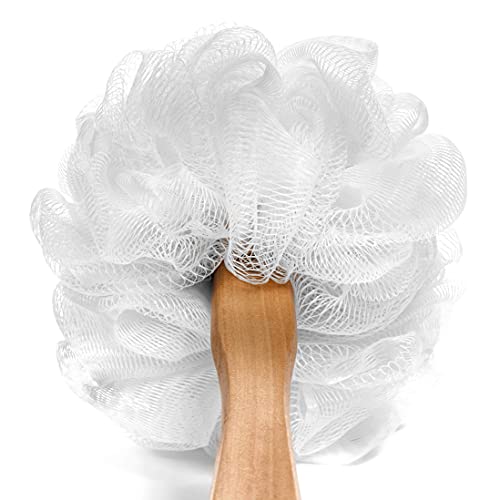 Shower Loofah On A Stick Body & Back Scrubber - Long Handled Mesh Bath Sponge Pouf Luffa Brush On A Stick With A Wood Handle For