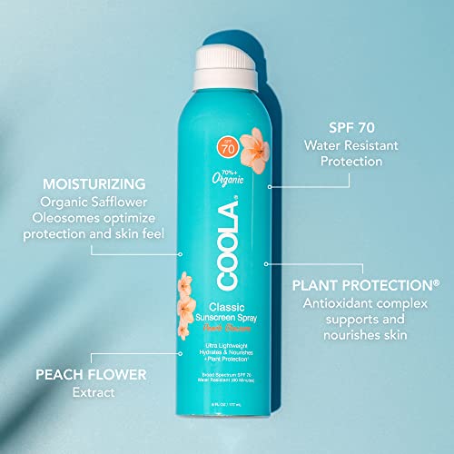 Coola Organic Sunscreen Spf 70 Sunblock Spray, Dermatologist Tested Skin Care For Daily Protection, Vegan And Gluten Free, Peach