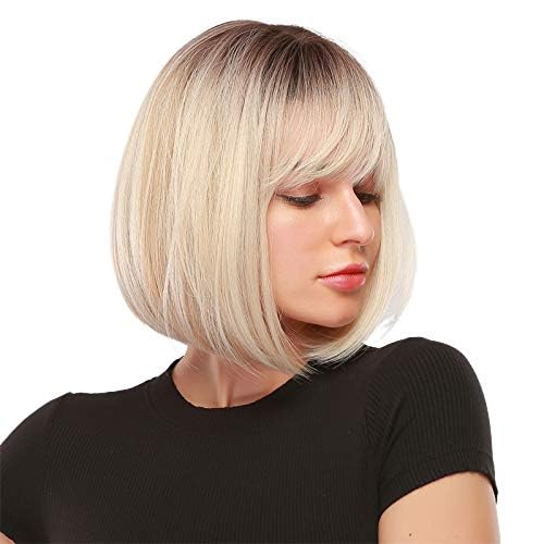 EMMOR Short Ombre Blonde Wig for Women - Natural Synthetic Hair Bob Wigs With Bang, Party Cosplay Daily Use (2pcs Free Wig Cap)
