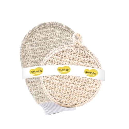 Awenest Ramie Bath Loofah Combo (Oval Loofah + Loofah Glove) | Natural Fiber Exfoliating Body Scrubber | Reusable Deep Cleanser 