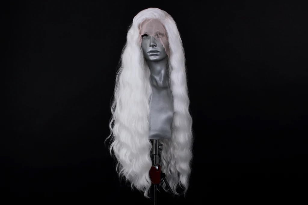 Wxhwcx White Wavy Synthetic Lace Front Wigs Free Part Loose Wave Heat Resistant Natural Hairline Fiber Hair Glueless Lace Wigs F
