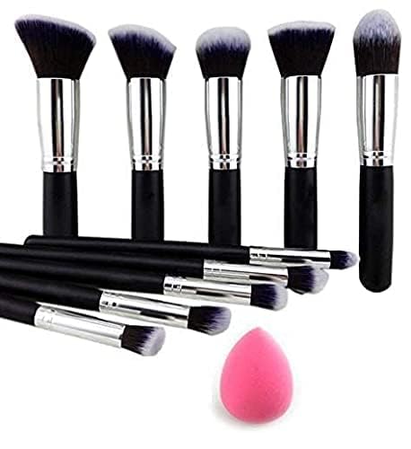 Swizhuda Fiber Bristle Makeup Brushes Set Tool Pro Foundation Eyeliner Eyeshadow (Black) With Sponge Puff Black, 10 Pieces