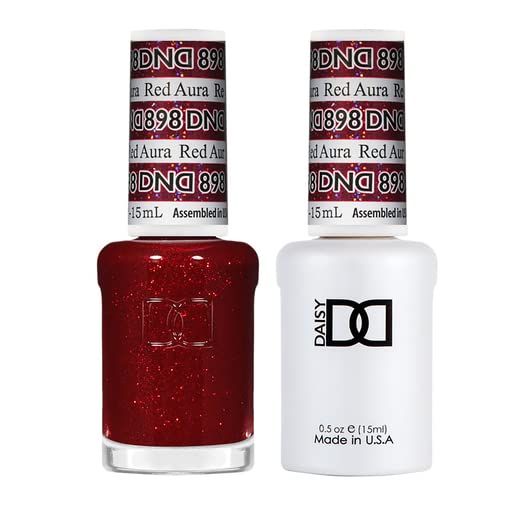 DND Gel Polish Set, Glitter Collection, UV Gel Polish and Air Dry Nail Lacquer, Matching Chip-Free Polish Duo, 898 Red Aura, 0.5