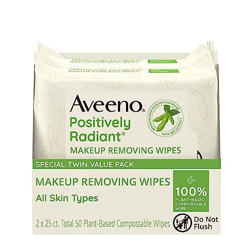 Aveeno Positively Radiant Oil-Free Makeup Removing Face Wipes to Help Even Skin Tone and Texture with Moisture-Rich Soy Extract,