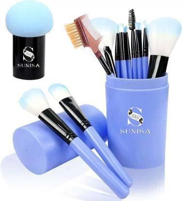 Sunisa Blue Soft Synthetic Bristle Light Weight Multipurpose Makeup Brushes Set Of 12 And 1 Blue Mushroom Head Beauty Blender  
