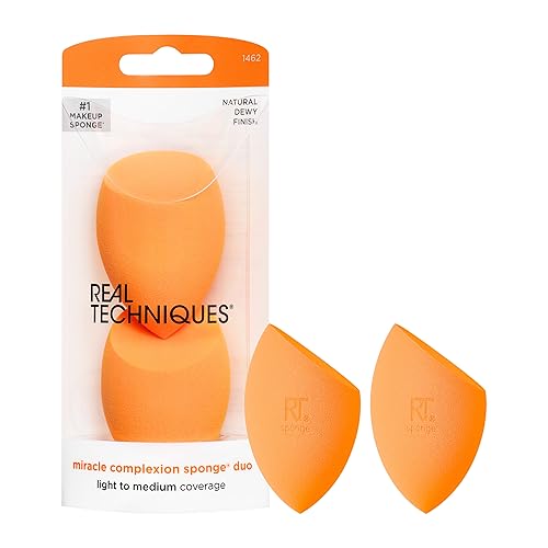 Real Techniques Miracle Complexion Sponge Duo, Makeup Blending Sponge, For Foundation, Offers Light To Medium Coverage, Natural,