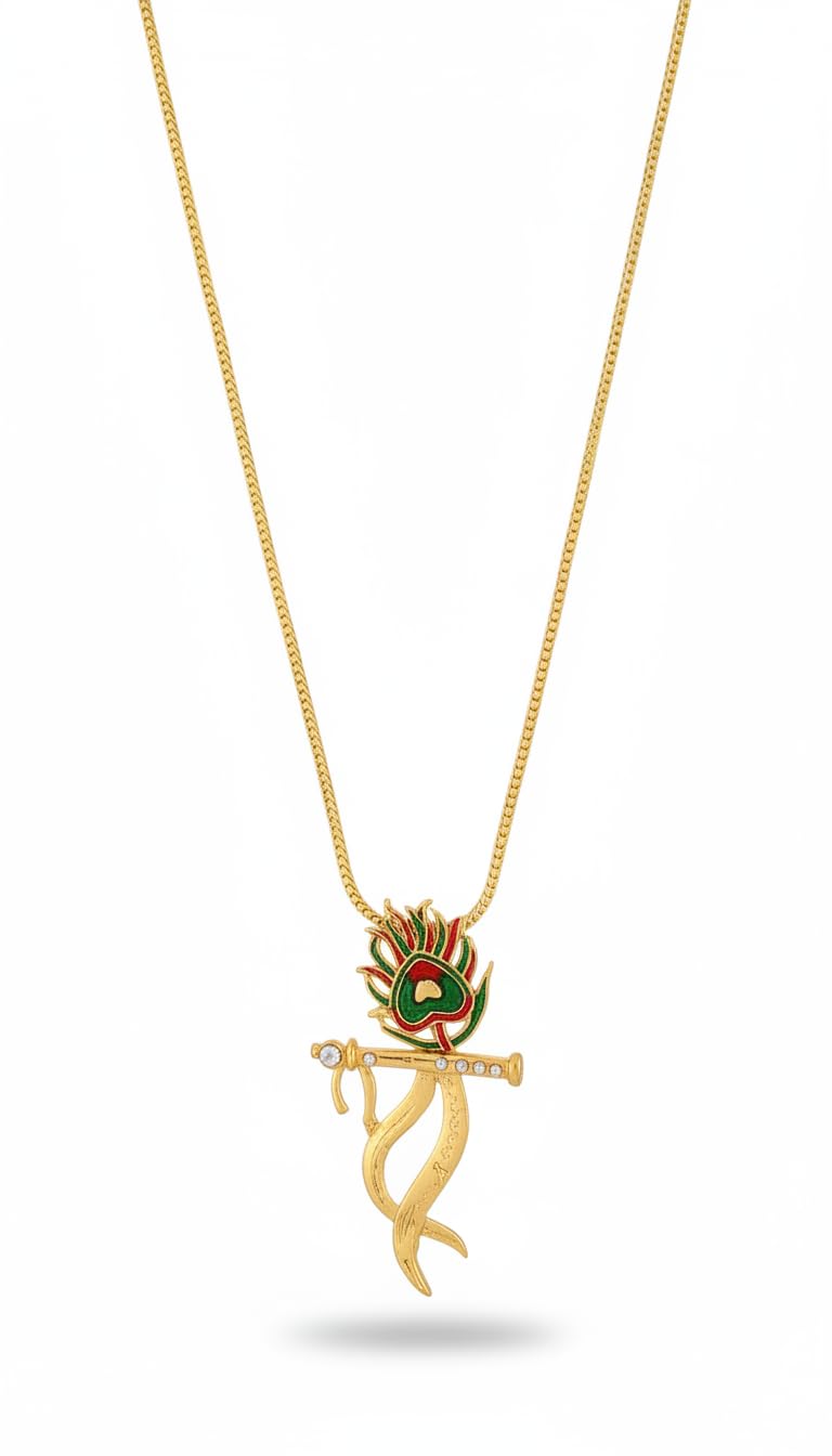 Agarwalproduct Flute Bansuri Lord Krishna Pendant Chain For Men | Spiritual Temple Jewellery For Unisex | Religious & Spiritual 