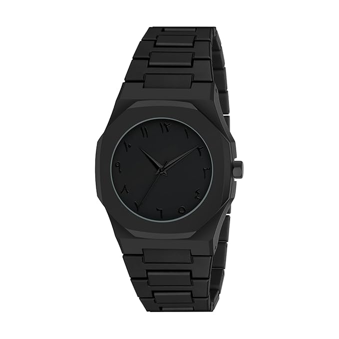 Zvron Arabic Numeral Series Unisex Analog Watch, Black Dial And Strap, Quartz, Octagonal Dial, 22Mm Width  Black