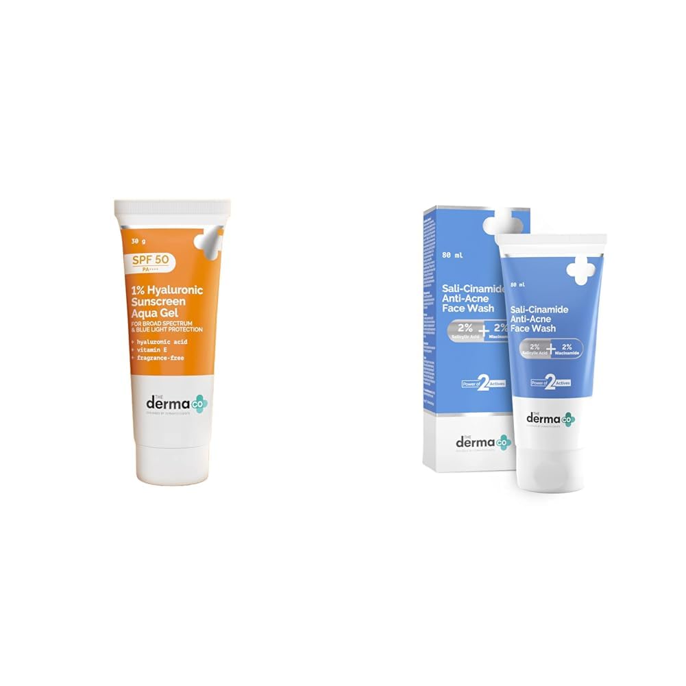 The Derma Co 1% Hyaluronic Sunscreen Spf 50 Aqua Gel, Pa++++, Lightweight & The Derma Co SaliCinamide AntiAcne Face Wash With 