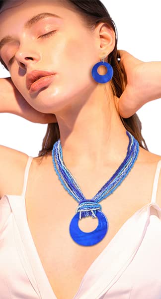 Coiris Multi Strand Statement Colorful Beaded Necklace Earrings Set with Big Circle Shell Pendant for Women (N0055-Royalblue)