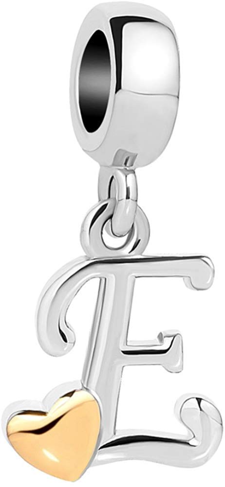 QueenCharms Initial A-Z Letter Charm Golden Heart Alphabet Dangle Beads For Bracelets & Necklaces (E)