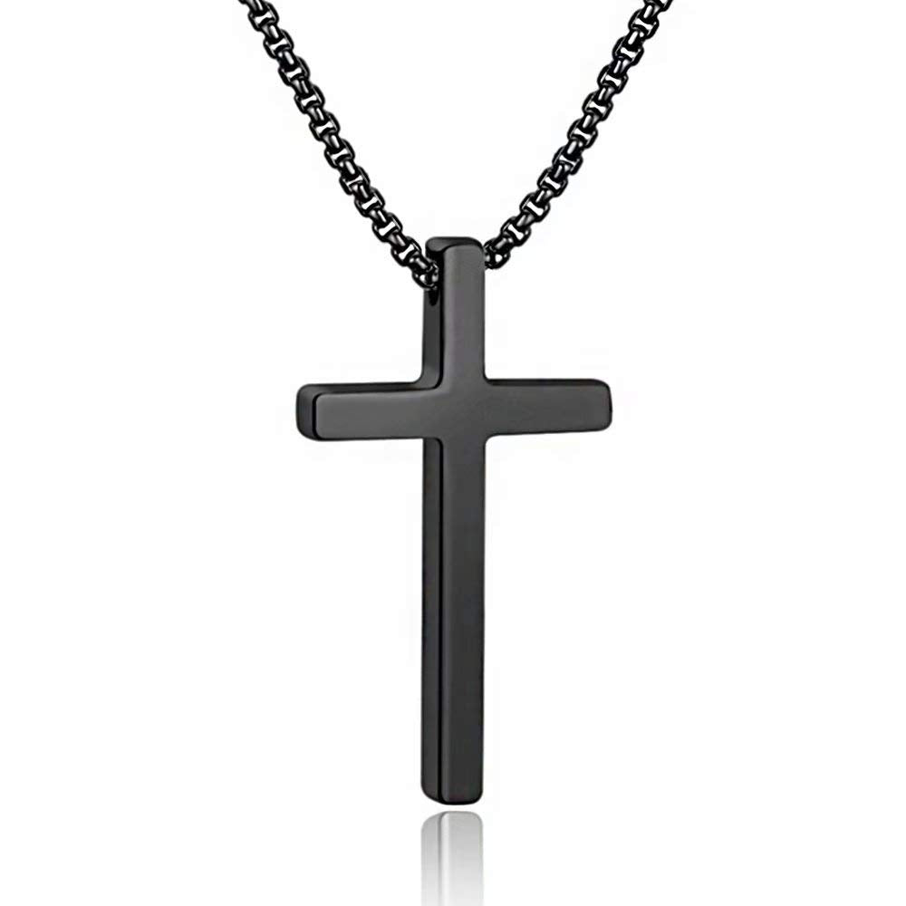 M MOOHAM Stainless Steel Cross Pendant Necklaces for Men Pendant Chain 30 Inch Black, Fathers Day Baptism Gifts for Dad Husband 