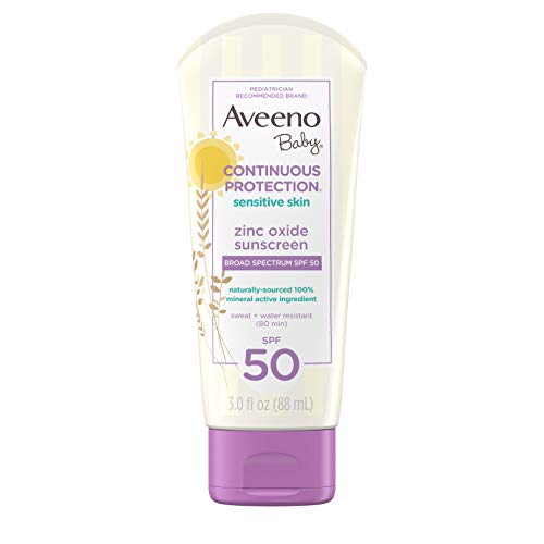 Aveeno Baby Continuous Protection Zinc Oxide Mineral Sunscreen Lotion For Sensitive Skin With Broad Spectrum Spf 50, Tear-Free,
