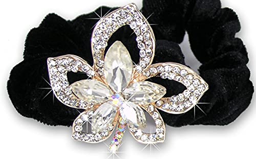 Jeweled Flower Black Elastic Hair Tie Scrunchies - Set Of 3-1 With Clear, 1 With Pink And 1 With Blue Crystal Jewels - Hair Acce