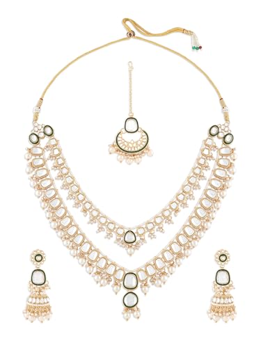Zaveri Pearls Green Meenakari Kundan Pearls Layered Bridal Necklace Earring & Maangtikka Set For WomenZpfk17357