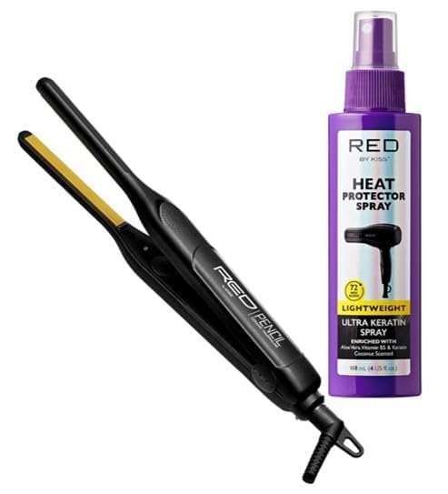 RED by KISS 2 Pcs Styling Set, 0.3 Ceramic Tourmaline Pencil Flat Iron & 4 Fl Oz Heat Protectant Spray with B5 & Keratin, for