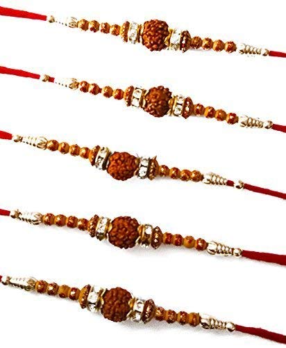 Avanti Creations Multicolour Fabric Rudraksh Rakhi For Brother With Roli Chawal (Set Of 5 Rakhi)