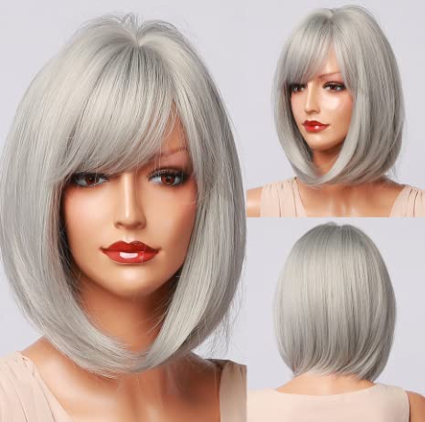 Emmor Silver Grey Bob Wig With Bangs 13'' Short Bob Wigs For Women Short Silver Grey Wig Heat Resistant Synthetic Wig Natural Lo
