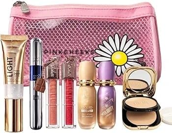 6In1 Makeup Combo Kit With Travel Bag  Liquid Concealer, Highlighter, Mascara, 2 Matte Lipsticks, Water Jelly Hydrating Prime