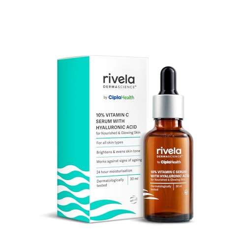 Rivela Dermascience By Cipla 10% Vitamin C Face Serum For Bright & Glowing Skin, Anti Ageing Formula With Hyaluronic Acid For Al