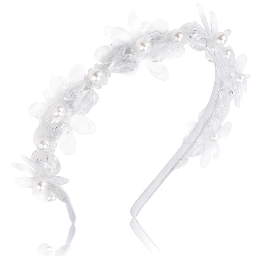 AHONEY Headband, White Flower Headpiece for Women and Girls, Elegant Dressy Hair Band with Pearl, Acrylic, Crystal Beads, Resin