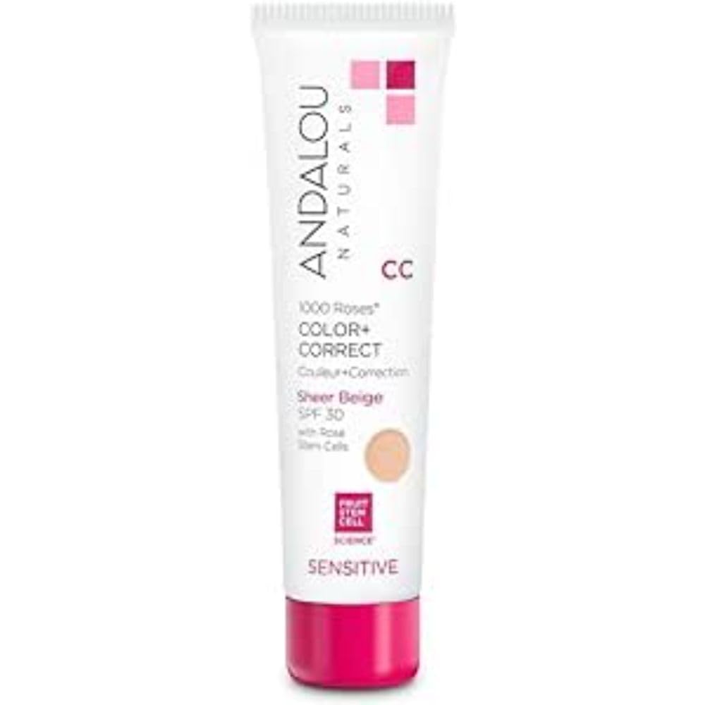 Andalou Naturals 1000 Roses CC Color + Correct with SPF 30, Sheer Beige, 2-in-1 Face Sunscreen + CC Cream for Sensitive Skin, He