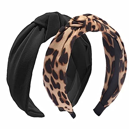 Etercycle 2PCS Headbands for Women, Bow Knotted Wide Headband, Yoga Hair Band Fashion Elastic Hair Accessories for Women (Black,
