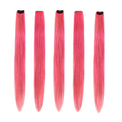 Winsky Pink Hair Extensions Clip In Human Hair - Clip On Colored Girls Hair Extensions Women Beauty 5 Pieces/Set (18Inch,Pink)