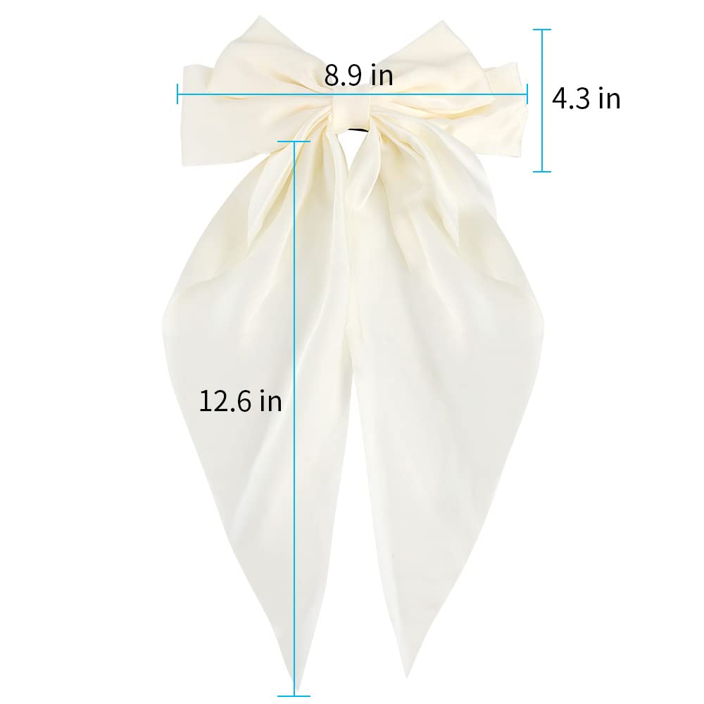 Atoden White Silky Satin Large Oversized Hair Bows With Long Tail And Metal Clips - 2Pcs Aesthetic Bowknot Hair Clips For Women,