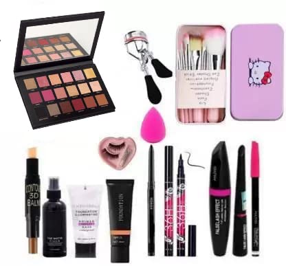 Tumr 18 Multicolor Rose Eyeshadow / 7 Black Makeup Brushes,Contour Stick,Primer,Fixer,Foundation,Kajal,36H Eyeliner,Eyelashes & 