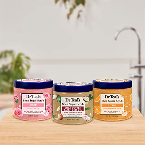 Dr Teal's Shea Sugar Scrub Trial Pack, Rose, Shea Butter, Citrus 19 oz (Pack of 3) (Packaging May Vary)