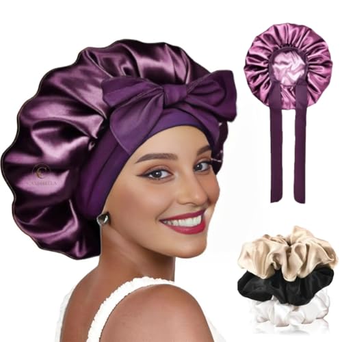 Candibella Silk Bonnet For Hair With 3 Scrunchies, Adjustable Silk Hair Cap For Sleeping, Satin Bonnet For Curly Hair With Wide 