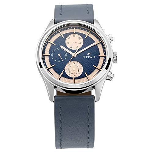 Titan Workwear Men’S Chronograph Watch - Quartz, Water Resistant, Leather Strap – Blue Band And Blue Dial