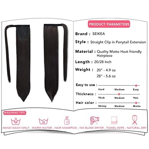 SEIKEA Clip in Ponytail Extension Wrap Around Natural Hairpiece for Women 20 Inch Straight Hair - Black Brown