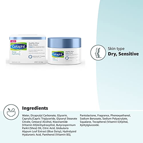 Cetaphil Deep Hydration Healthy Glow Daily Face Cream, 1.7 Oz, 48 Hour Dry Skin Face Moisturizer For Sensitive Skin, With Hyalur