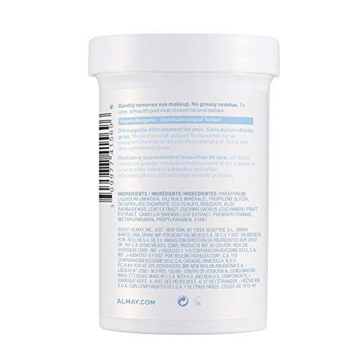 Almay Longwear & Waterproof Eye Makeup Remover Pads With Aloe, Hypoallergenic, Cruelty Free, -Fragrance Free, Dermatologist Opht