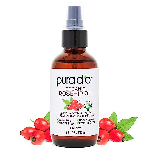 Pura D'Or 4 Oz Organic Rosehip Seed Oil 100% Pure Cold Pressed Usda Certified All Natural Moisturizer For Anti-Aging, Acne Scar