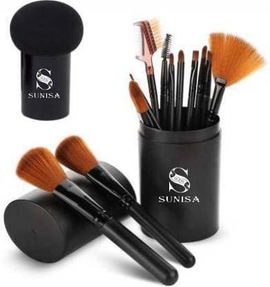 Sunisa Black Soft Synthetic Bristle Light Weight Multipurpose Makeup Brushes Set Of 12 And 1 Black Mushroom Head Beauty Blender 