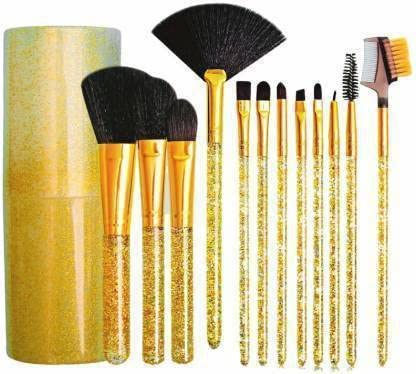 Sunisa Golden Glittery Set Of 12 Soft Bristles Makeup Brushes With Aluminium Storage Box  (Pack Of 13)
