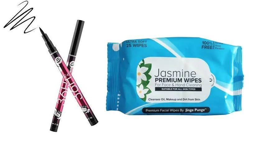 Roodiles 36Hour Waterproof Eyeliner & 25Pack Sensitive Skin Facial Wipes Combo  SmudgeProof, LongLasting Eye Definition & G