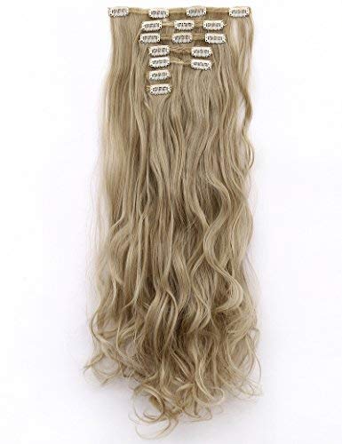 Lelinta 7Pcs Full Head 16 Clips In On Double Weft Hair Extensions, Ash Blonde Mix Bleach Blonde Curly, 24Inch 160G