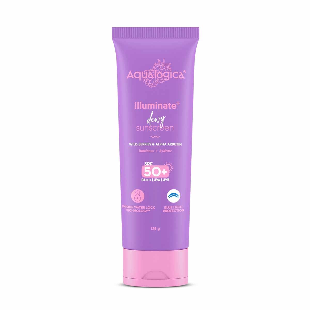 Aqualogica Illuminate+ Dewy Sunscreen Gel Spf 50+ Pa++++ With Wild Berries & Alpha Arbutin | Broad Spectrum Spf 50+ Pa++++ | Uva