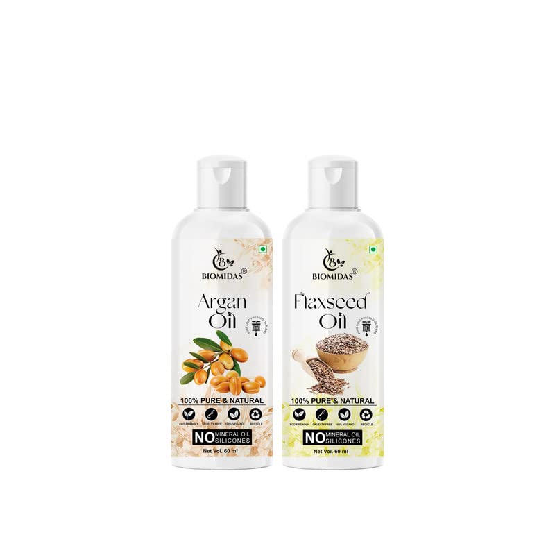 Biomidas 100% Pure Argan Oil 60Ml & Flaxseed Oil 60Ml Combo For Rapid Hair Growth, Anti Hair Fall, Split Ends & Promotes Softer 