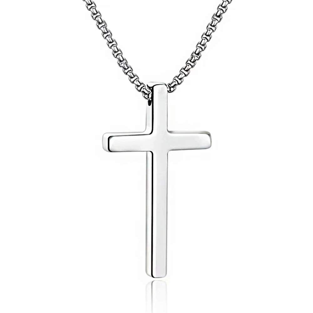 M MOOHAM Sterling Silver Cross Pendant Necklaces for Men Pendant Chain 18 Inch Silver, Baptism Gifts for