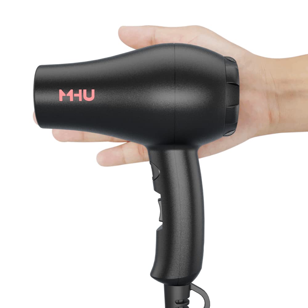 MHU Mini Blow Dryer - 1000W Ceramic Ionic Hair Dryer, Compact, Lightweight, 2 Speed Settings, Cool Shot, Black