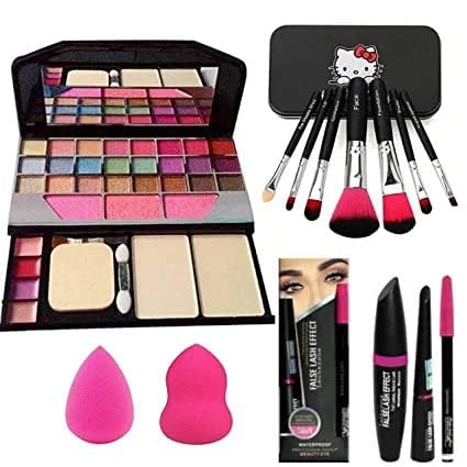 Lanellie Multicolor Makeup Kit For Girls WomenS Makeup Kit + 2 Pc Blender Puff And 3In1 (Kajal+Mascara+Eyeliner)