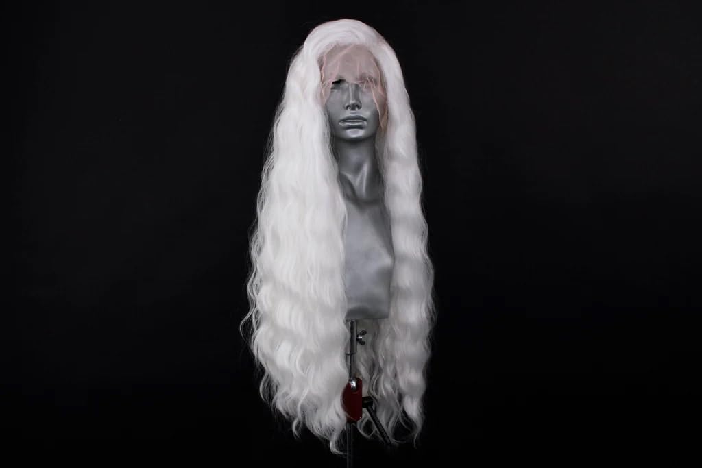 Wxhwcx White Wavy Synthetic Lace Front Wigs Free Part Loose Wave Heat Resistant Natural Hairline Fiber Hair Glueless Lace Wigs F